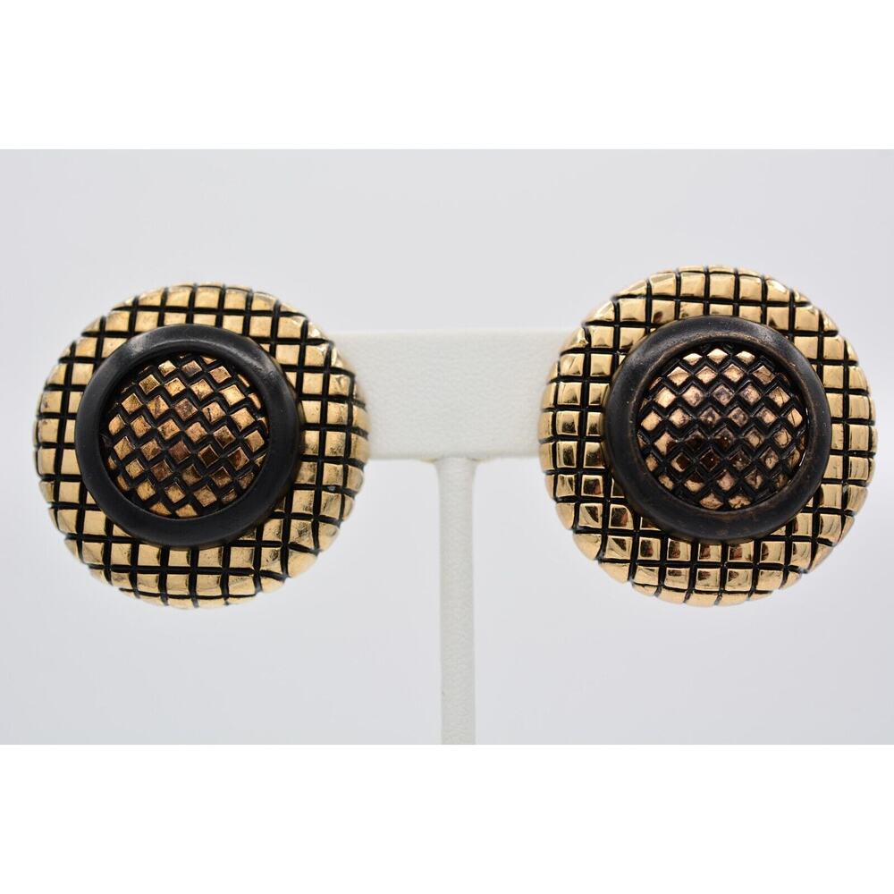 Diva Vintage Clip Earrings Black Gold Round Chunky Heavy Signed 1980s BinAV